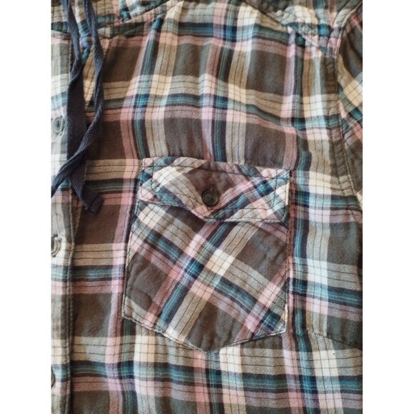 Boston Traders Womens Blue and Purple Plaid Button Down Shirt Jacket Hooded Shac - Picture 11 of 12